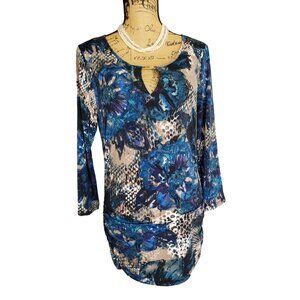 Ellen Tracy Womens Tunic M Blue Black Keyhole 3/4 Sleeves Ruched Stretch Boho